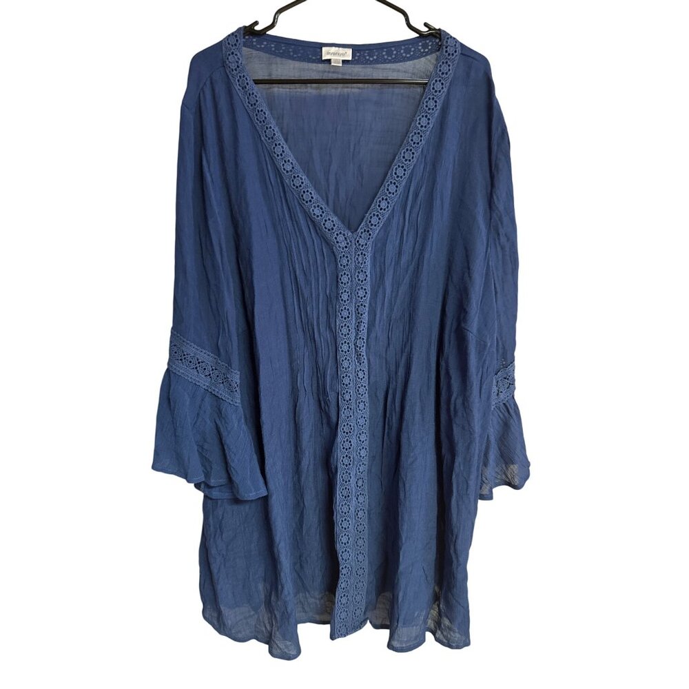 Blue Boho 30/32 Chic Eyelet Lace V-Neck Tunic Flowy Bell Sleeves & Intricate Tex